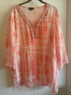 Coral and White Embellished V-Neck Tunic